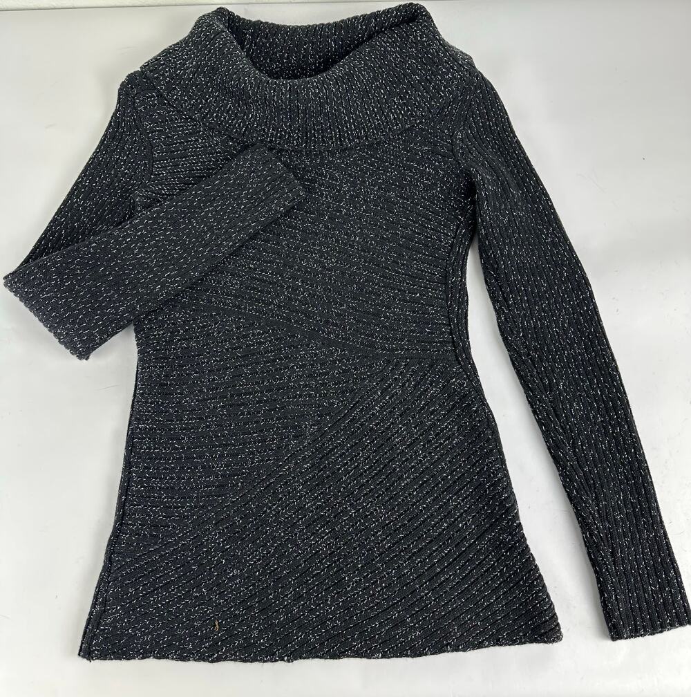 WHBM Wool Blend Black Silver Sparkle Cowl Neck Tunic Chunky Knit Sweater Small
